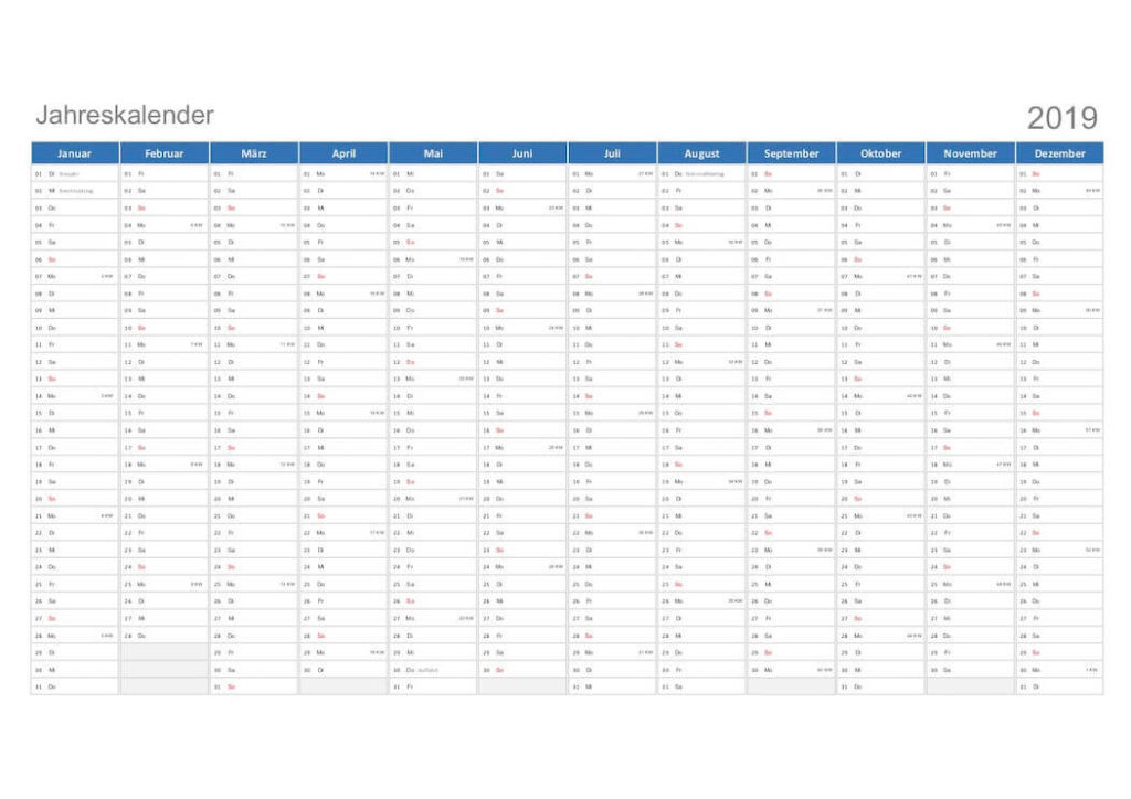 Kalender 2019 Schweiz mit Kalenderwochen und Feiertagen zum Ausdrucken