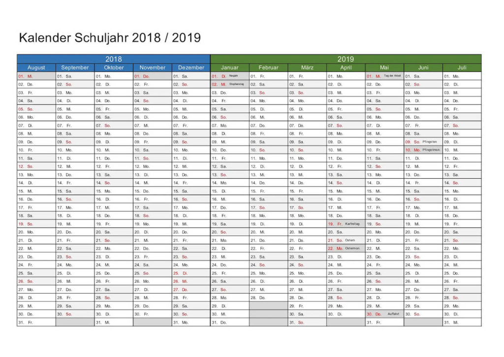 Schulkalender 2018 / 2019 Excel Schweiz. 