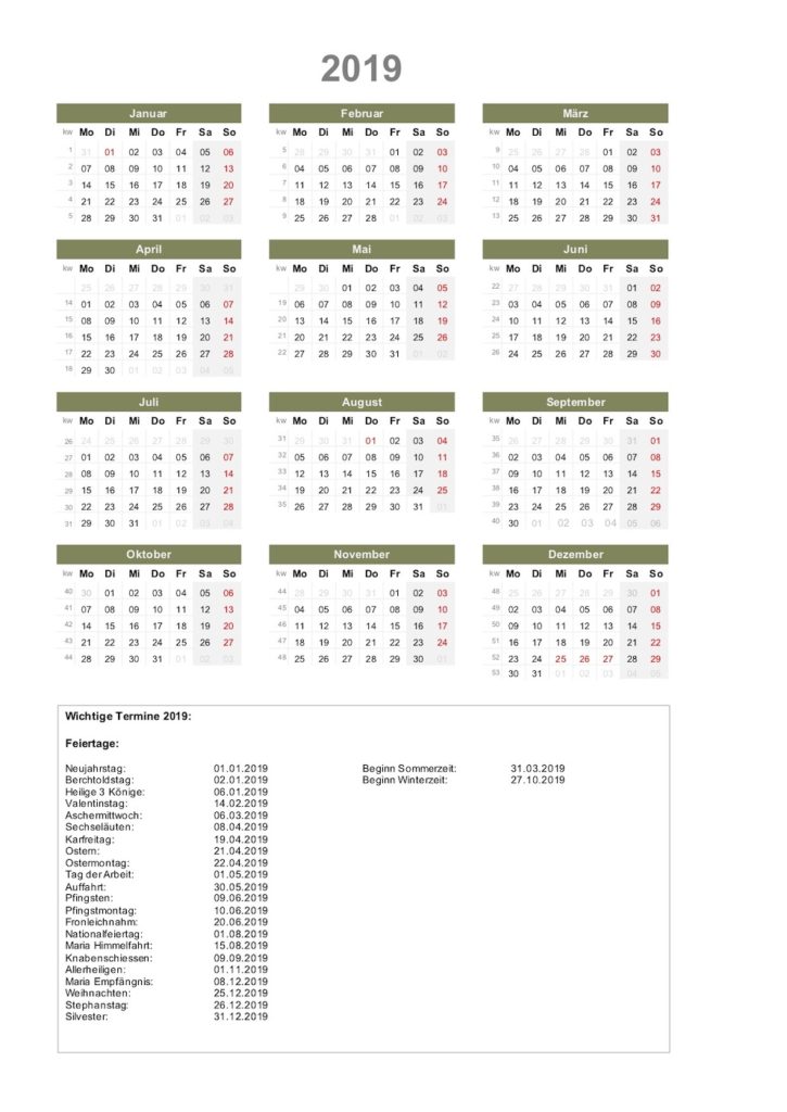 Kalender 2019 Excel Schweiz Hochformat