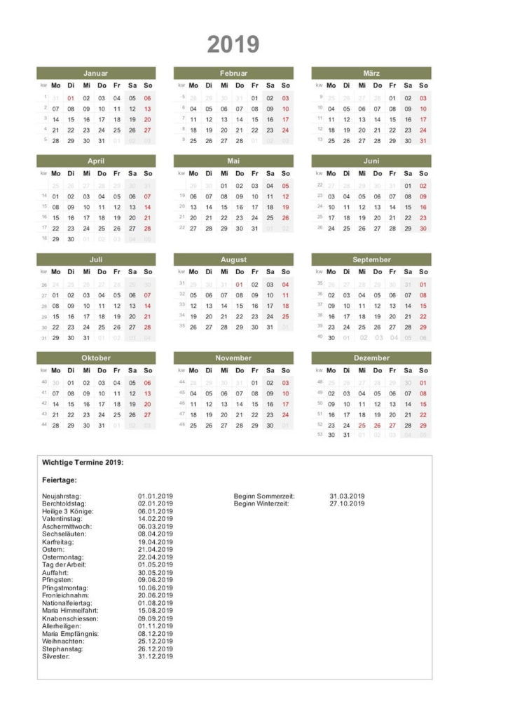 2019 PDF Kalender Schweiz. Mit Kalenderwochen und Feiertagen.