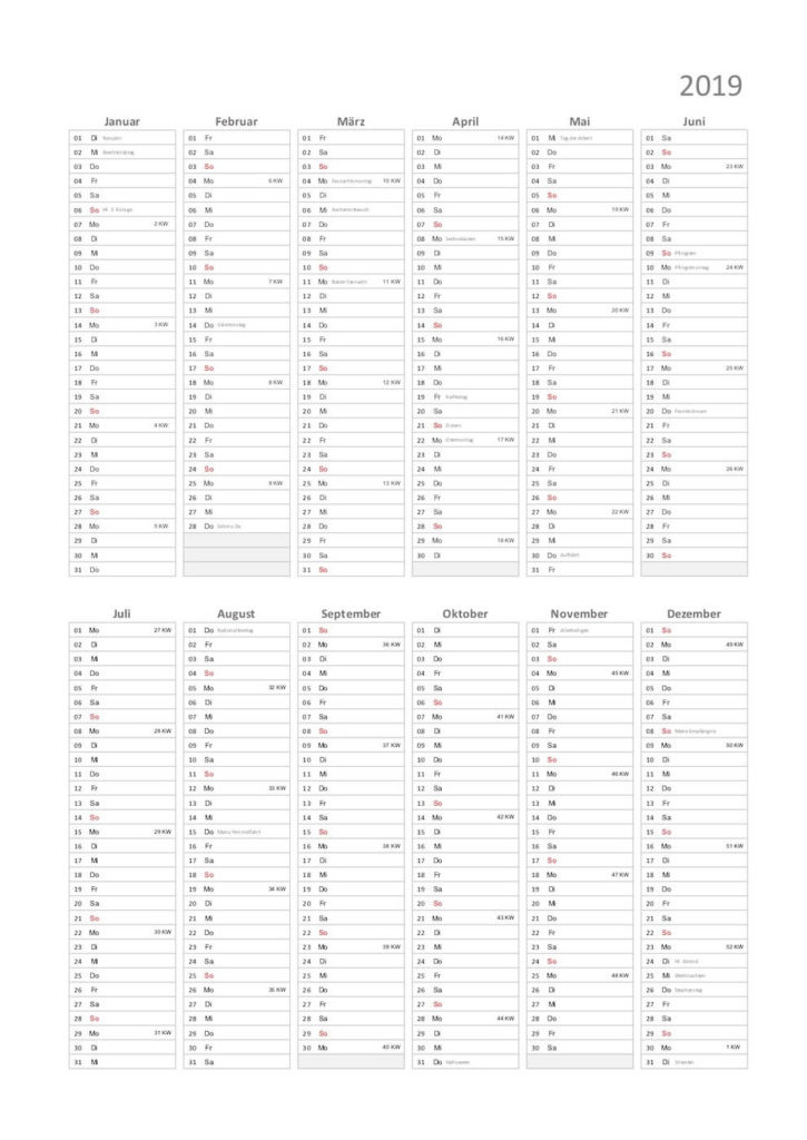Excel Jahresplaner 2019 (Schweiz) mit Kalenderwochen und Feiertagen Schweiz.