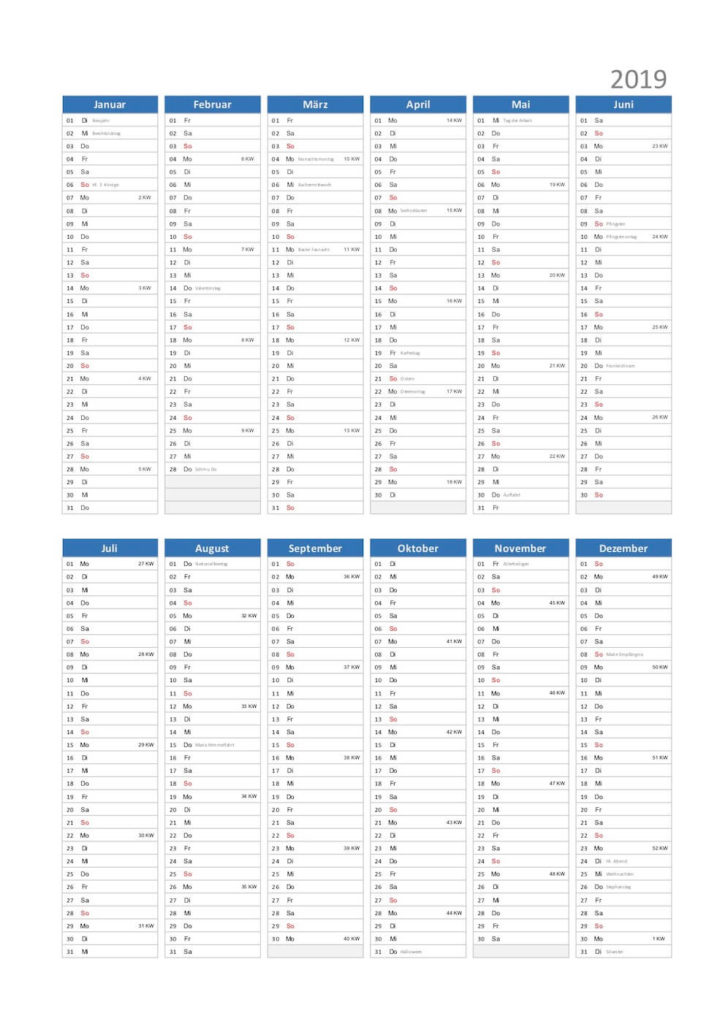 Kalender 2019 Excel Schweiz Hochformat mit Kalenderwochen und Feiertagen