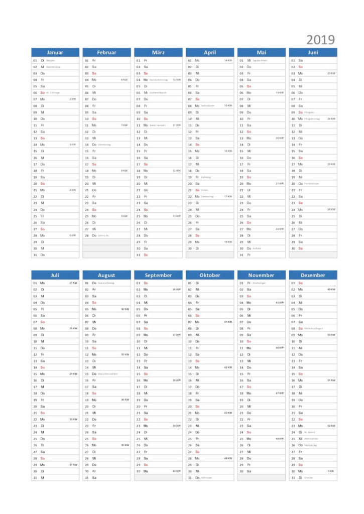 Jahreskalender 2019 Schweiz zum Ausdrucken mit Kalenderwochen.