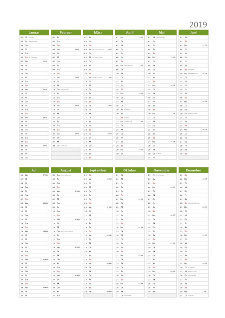 Excel Jahreskalender 2019 Schweiz mit Kalenderwochen und Feiertagen.