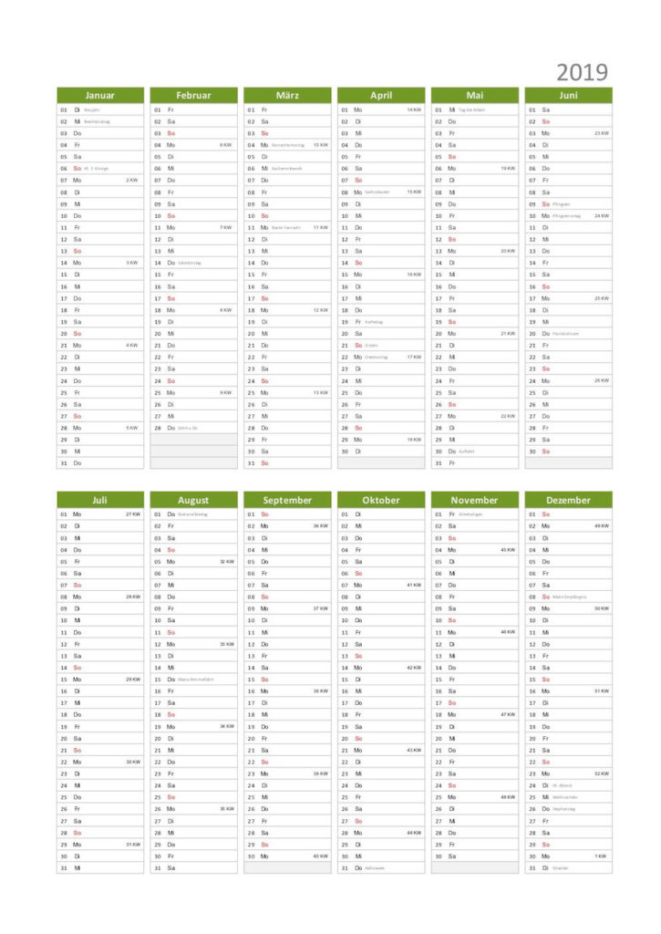 Jahreskalender 2019 Schweiz als PDF-Datei