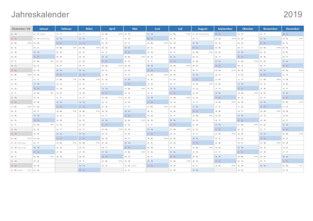 Kalender 2019 Schweiz mit Kalenderwochen KW und Feiertagen. Darstellung Dezember - Dezember.