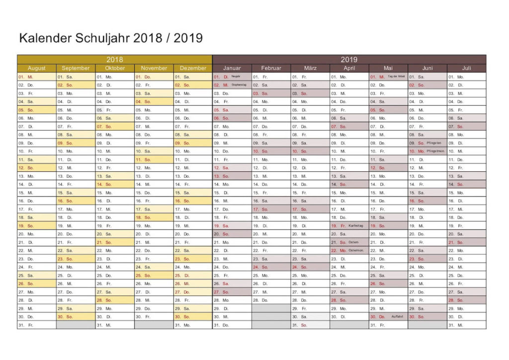 Schulkalender 2019 - 2019 Schweiz mit Feiertagen Schweiz