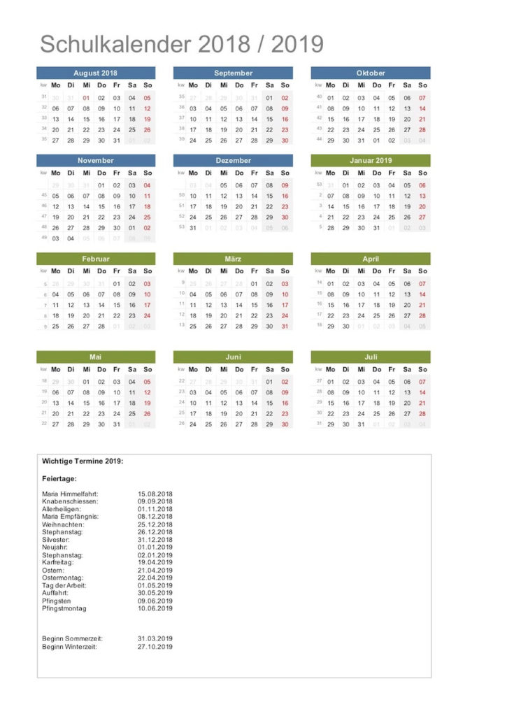 Excel Schulkalender 2018 / 2019 Schweiz mit Feiertagen Schweiz und Kalenderwochen