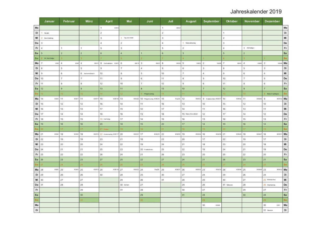 Kalender 2019 Schweiz im PDF-Format. Mit Kalenderwochen und Feiertagen.