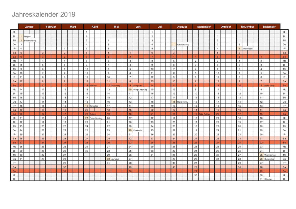 Jahresplaner 2019 Schweiz zum Ausdrucken im PDF-Format. 