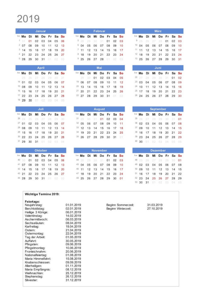 Jahresplaner 2019 zum Ausdruck. Mit Schweizer Feiertagen und Kalenderwochen.