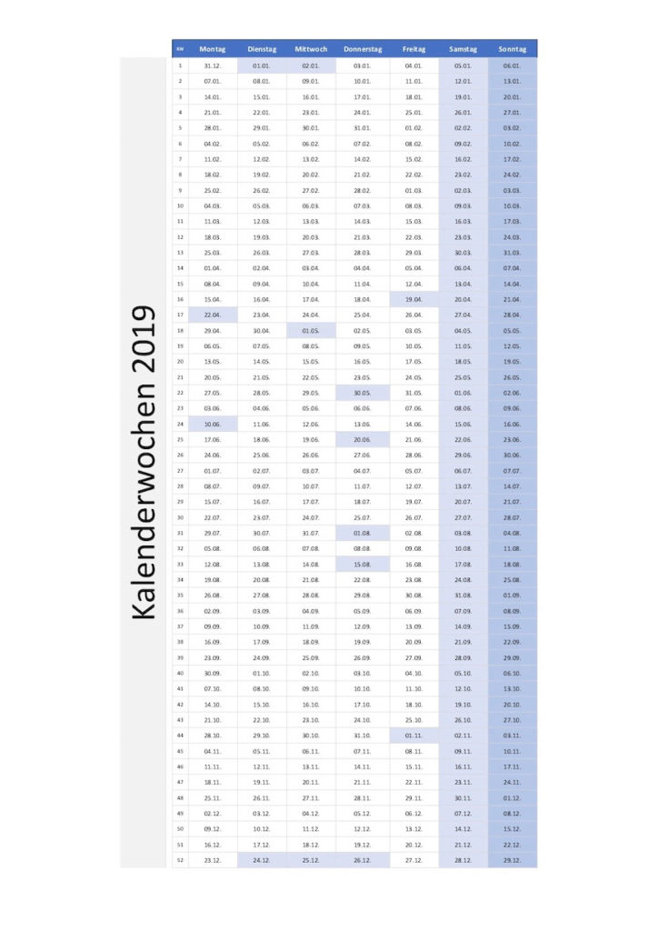 Kalenderwochen 2019 Schweiz Excel mit Feiertagen
