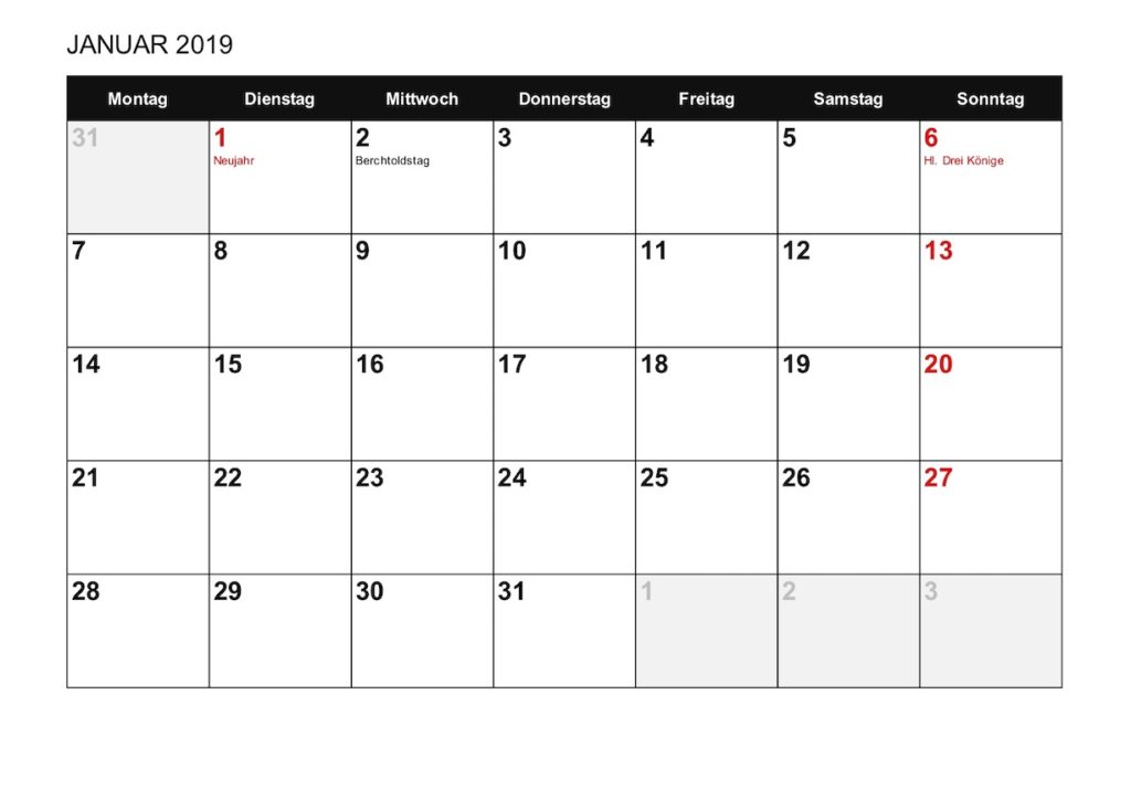 Monatskalender 2019 Schweiz im Excel-Format. Mit Schweizer Feiertagen.