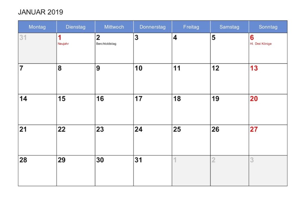 Excel Monatskalender 2019 Schweiz mit Feiertagen.