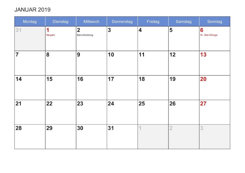 Monatskalender 2019 Schweiz mit Feiertagen