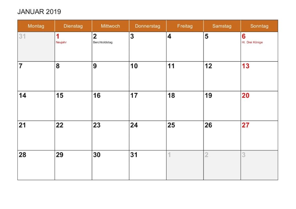 Excel Monatskalender 2019 Schweiz mit Feiertagen
