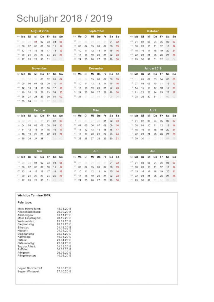 Schuljahresplaner 2018 / 2019 mit Schweizer Feiertagen und Kalenderwochen 