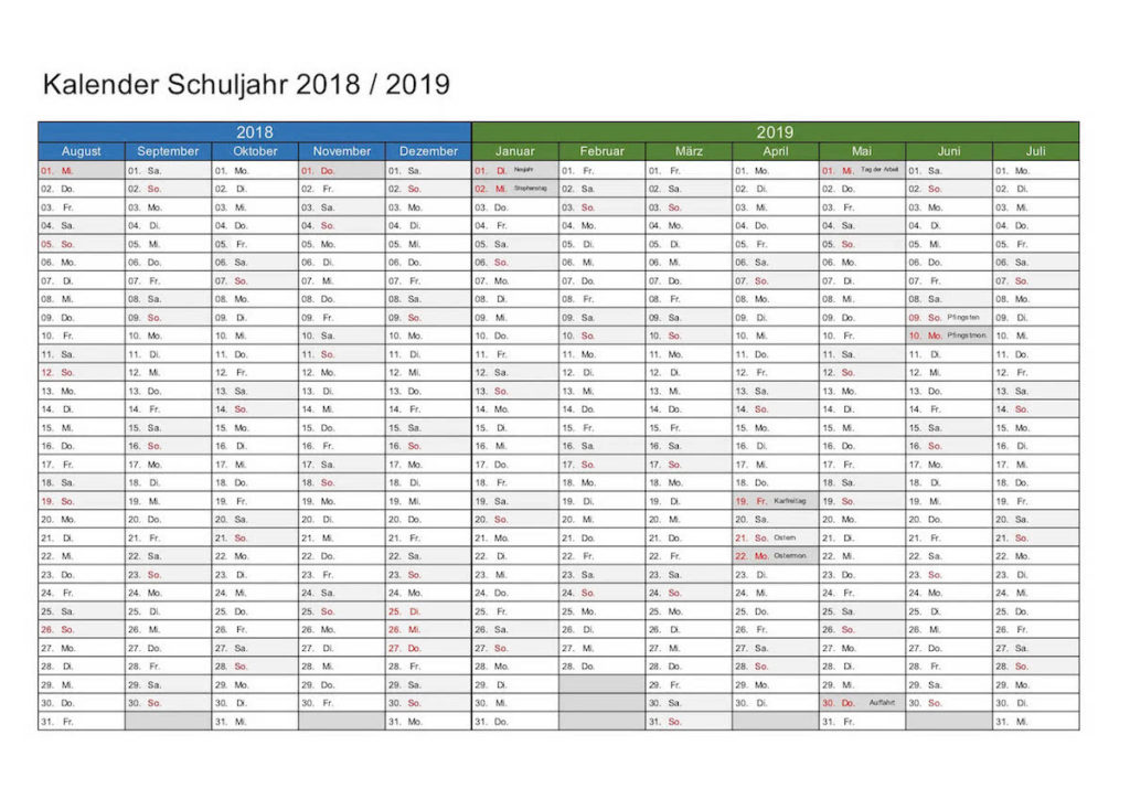 Schulkalender 2018 2019 zum Ausdrucken im PDF-Foramt