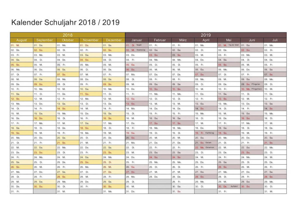 Schulkalender 2018 2019 zum Ausdrucken als PDF-Datei.