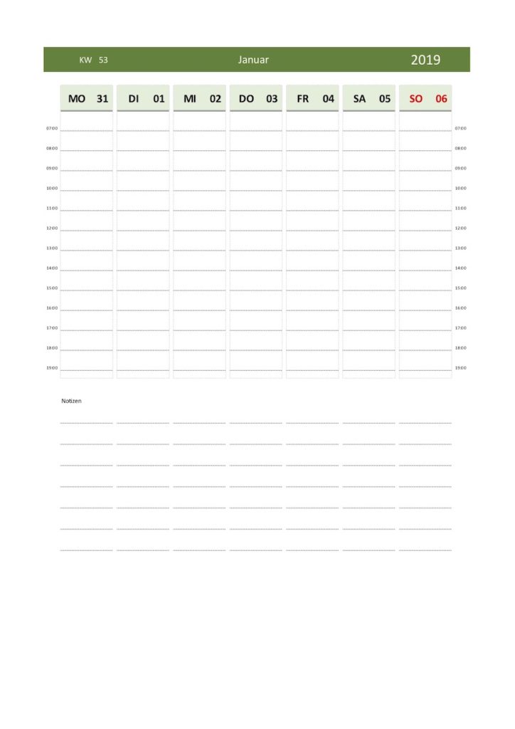 Wochenplaner 2019 Schweiz im Excel-Format mit Kalenderwochen