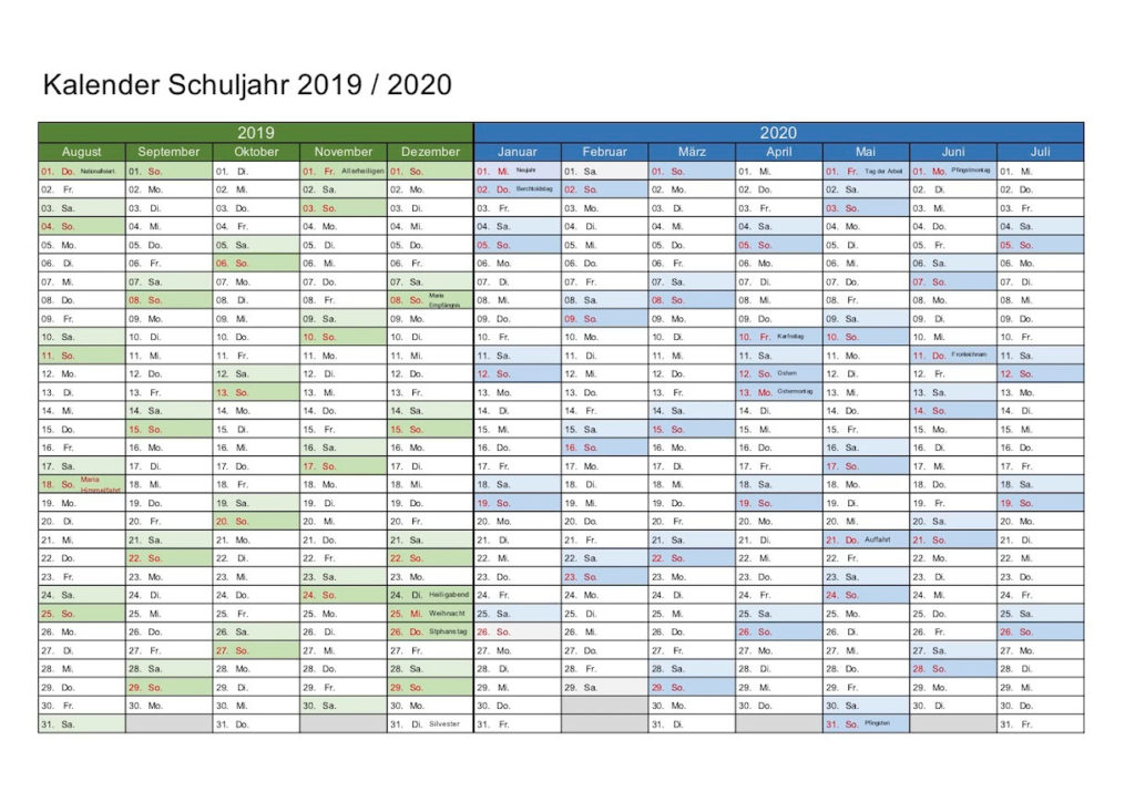 Schulkalender 2019 / 2020 Schweiz Excel mit Feiertagen