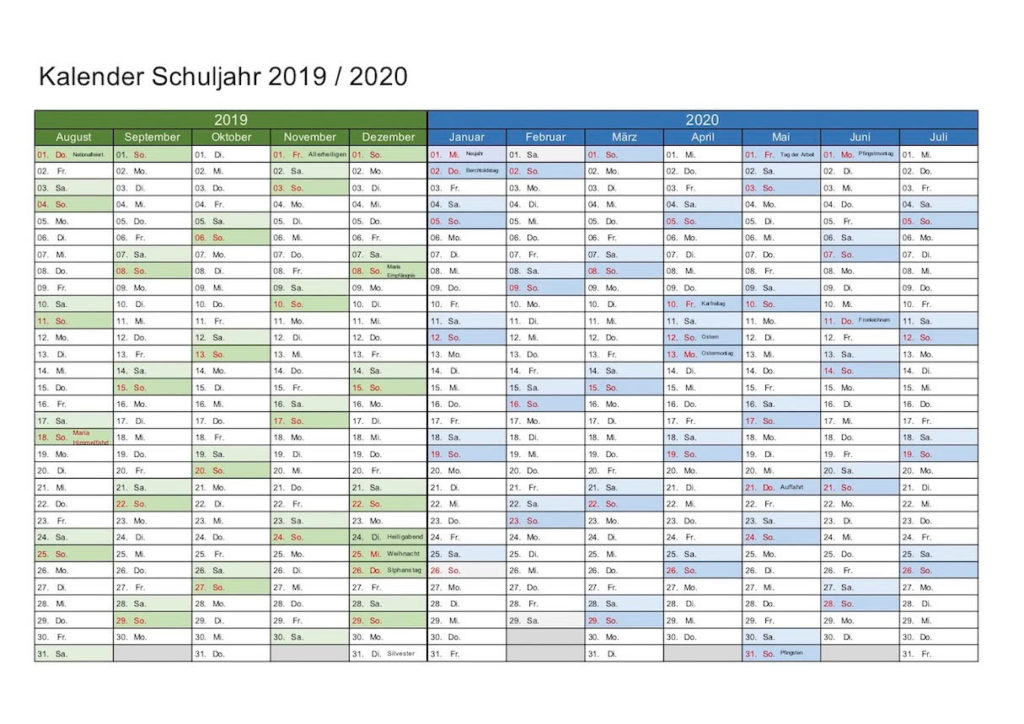 Schulplaner 2019 / 2020 zum Ausdrucken Schweiz