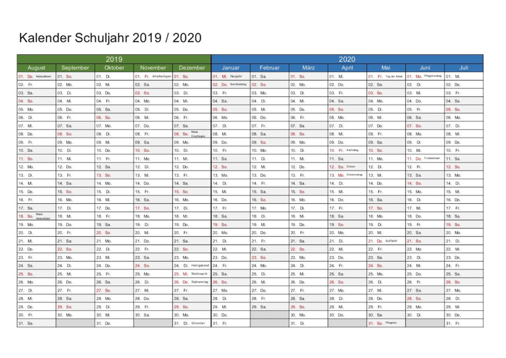 Schweizer Schuljahreskalender 2019 / 2020 Excel