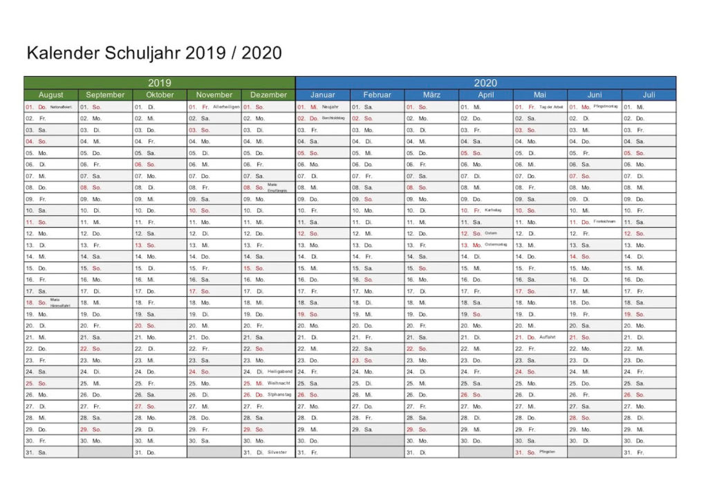 Schweizer Schuljahreskalender 19/20 zum Ausdrucken (PDF)