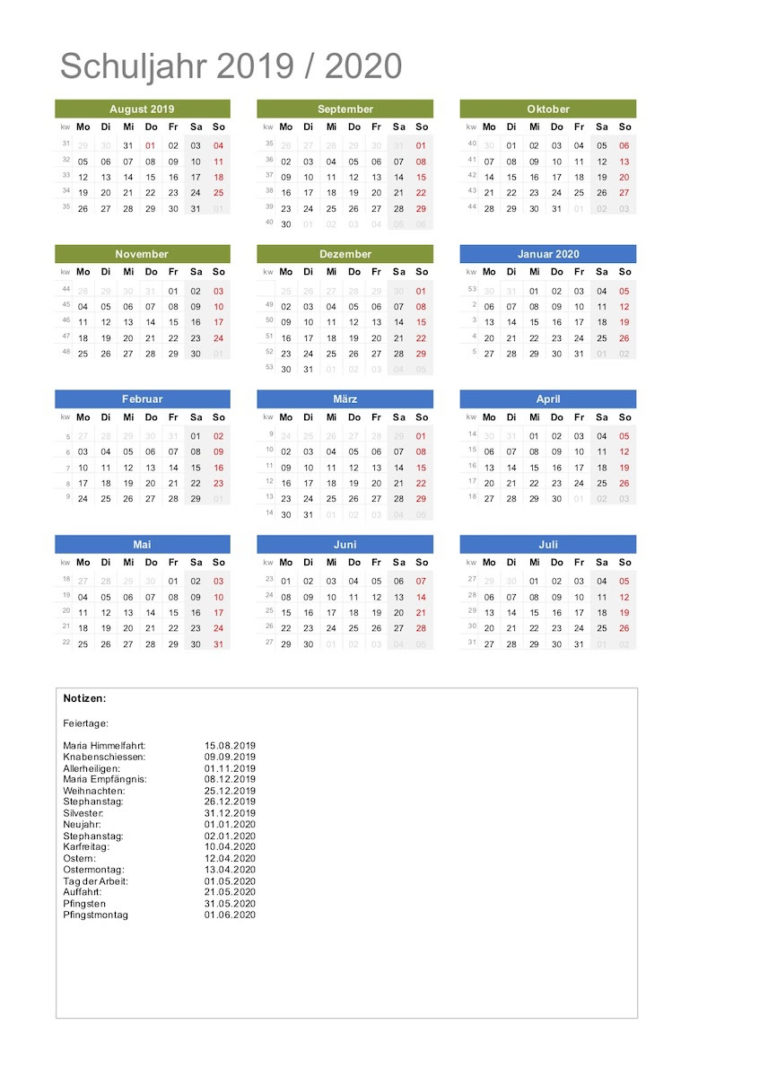 Schulkalender 2019 / 2020 zum Ausdrucken (PDF) | gratis Download