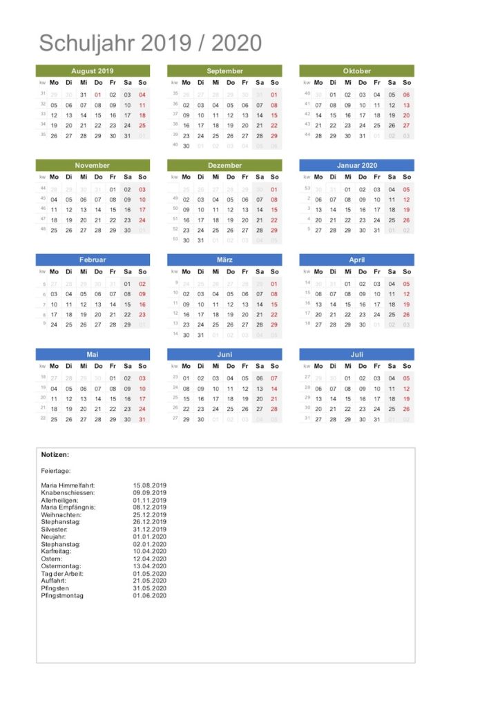 Schulkalender Schweiz 2019 - 2020 im Excel-Format. Mit Feiertagen Schweiz und Kalenderwochen.