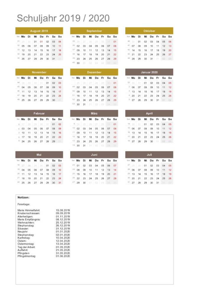 Schuljahresplaner 2019 / 2020 mit Schweizer Feiertagen und Kalenderwochen im Excel-Format
