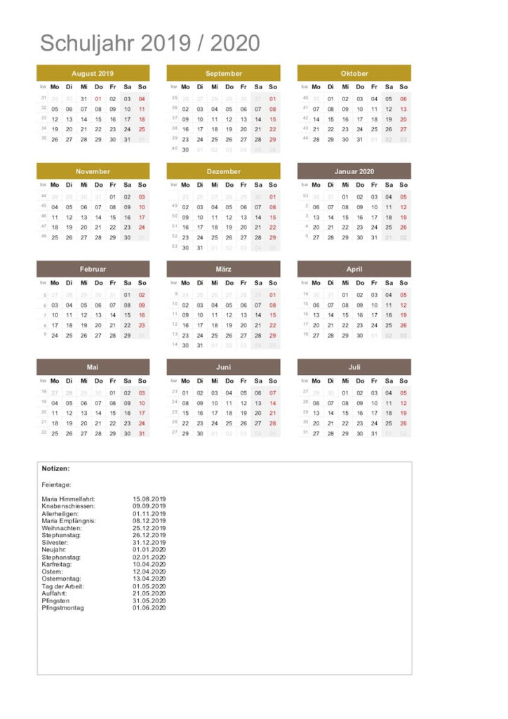 Schuljahreskalender 19/20 Schweiz mit Kalenderwochen und Feiertagen