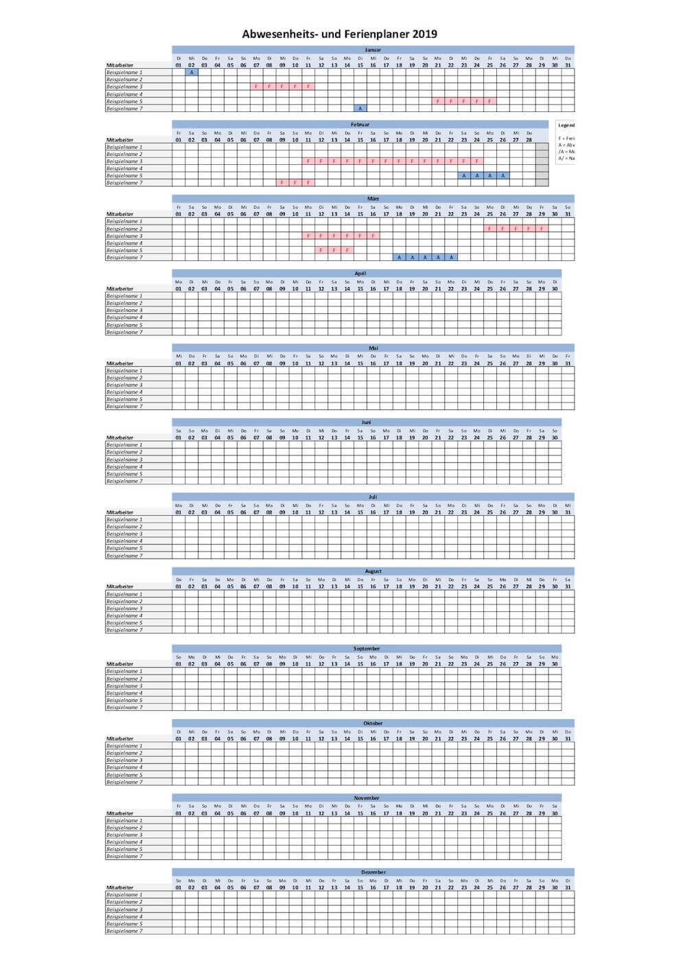 Ferienplaner 2019 Vorlage Hochformat