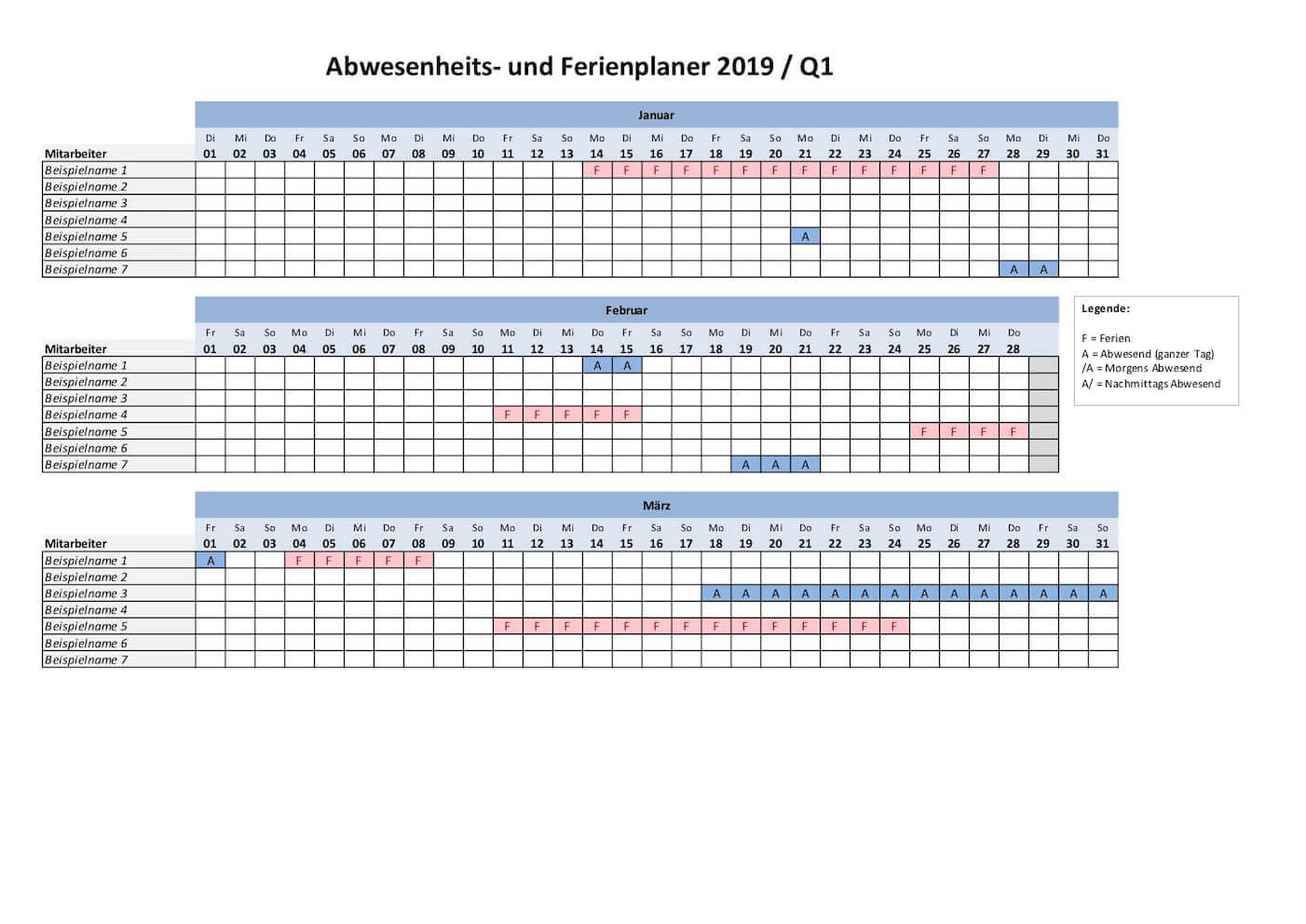 Ferienplaner 2019 Vorlage Querformat