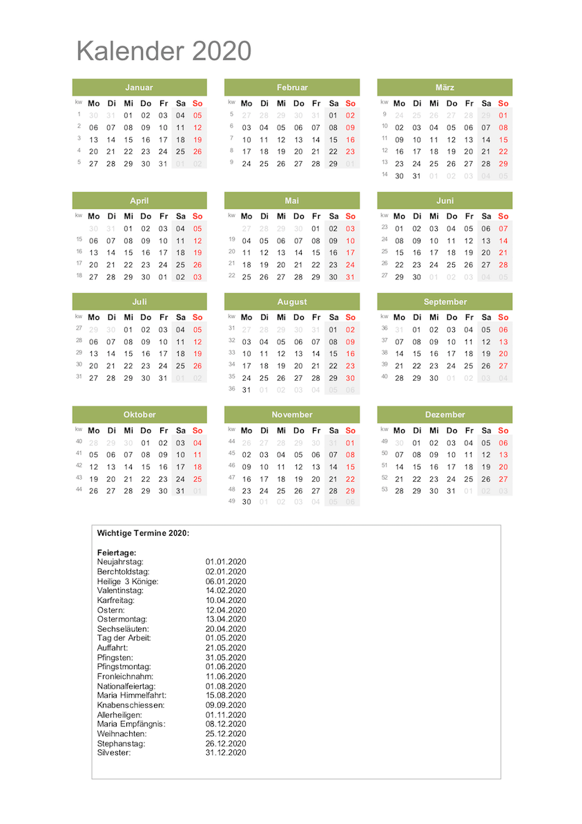  Kalender 2020 Schweiz Excel mit Feiertagen kostenloser 
