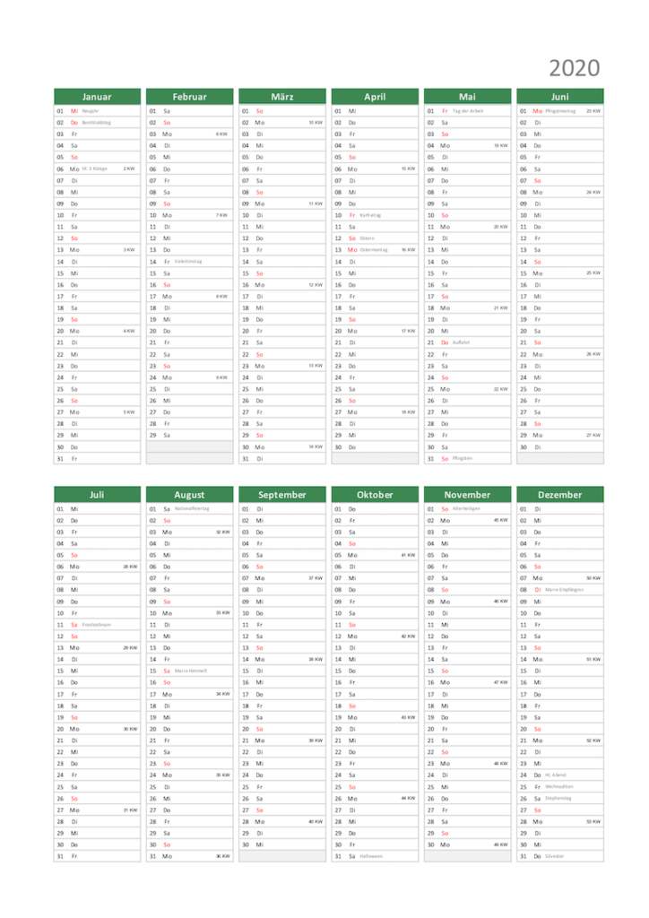 Kalender 2020 Schweiz Excel zum Ausdrucken