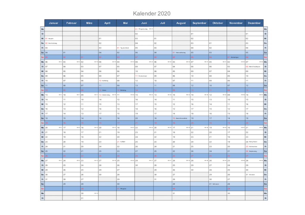 Excel Kalender 2020 Schweiz mit Feiertagen und Kalenderwochen. Anordnung auf gleicher Höhe