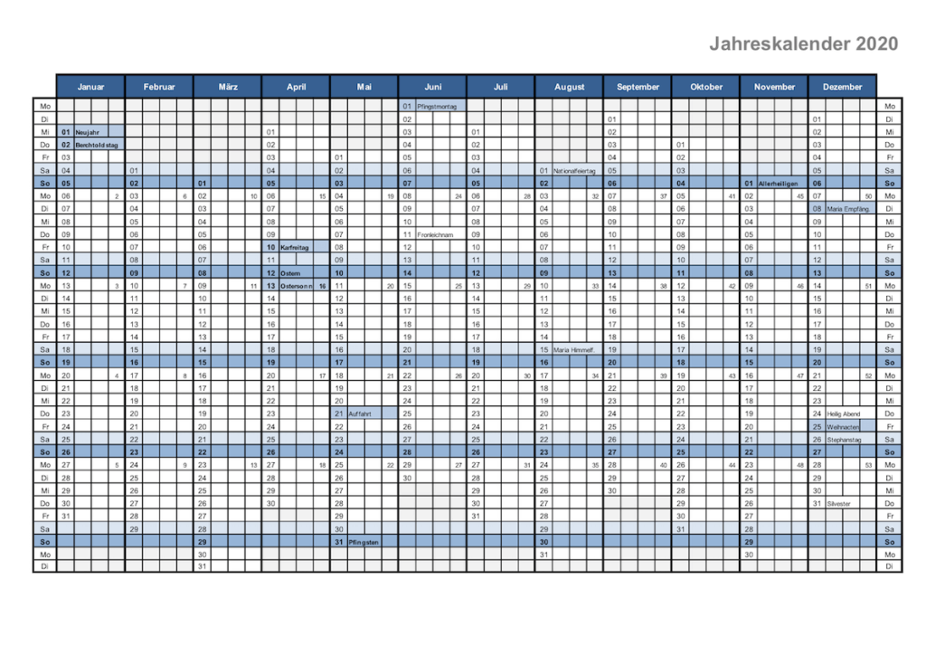Jahresplaner 2020 Schweiz im Excel-Format mit Feiertagen Schweiz