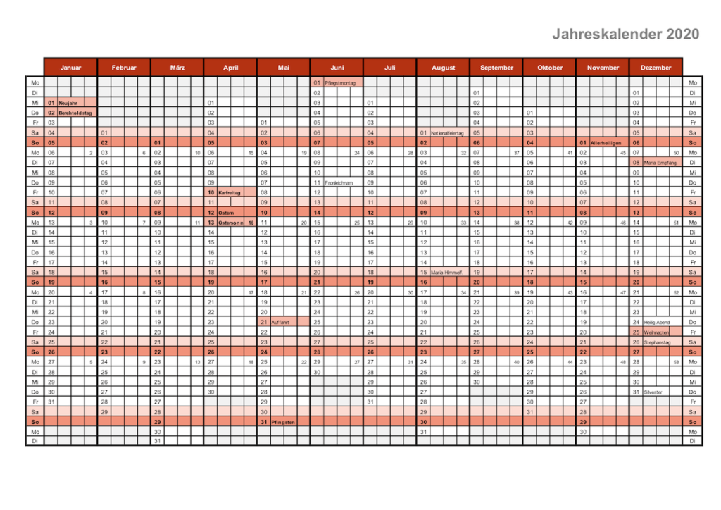 Kalender 2020 Schweiz Excel mit Kalenderwochen KW und Feiertagen