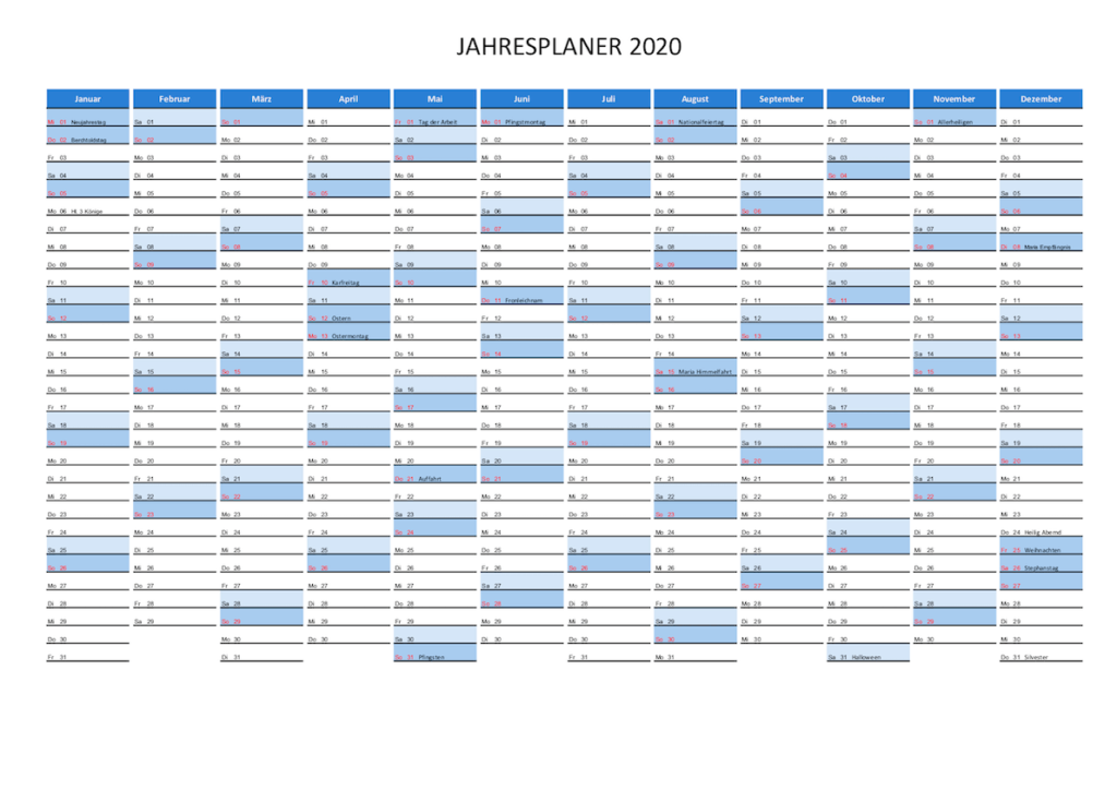 Jahreskalender 2020 Schweiz Excel
