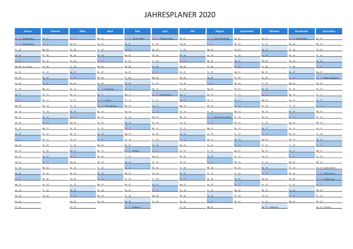 Kalender 2020 Schweiz (Excel) mit Feiertagen | kostenloser ...