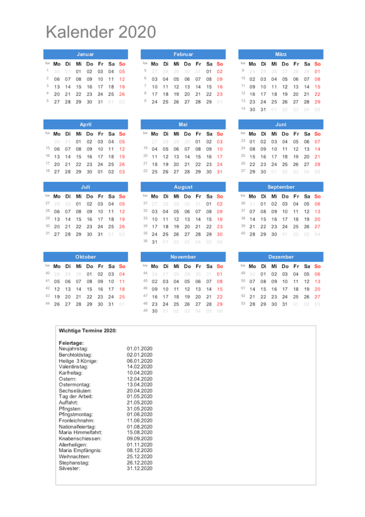 Jahreskalender 2020 Schweiz Excel Hochformat