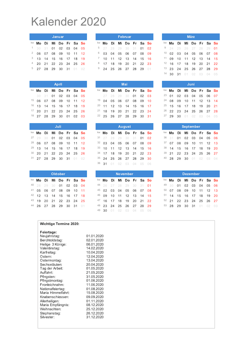 Kalender 2020 Schweiz mit Feiertagen | kostenloser download