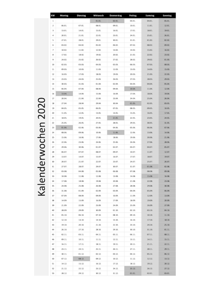 Kalenderwochen 2020 Schweiz Excel und PDF mit Feiertagen