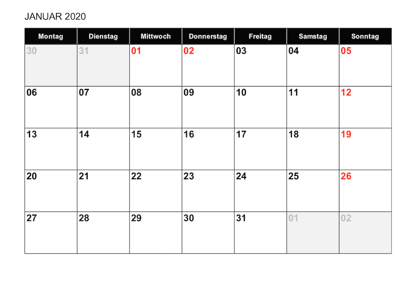 Monatskalender 2020 Schweiz zum Ausdrucken | Schweiz-Kalender.ch