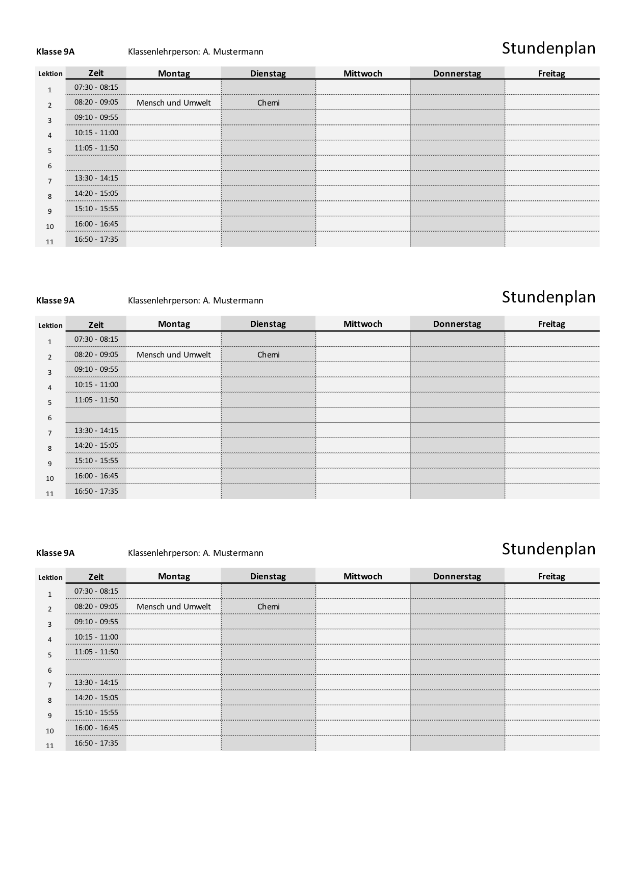 Stundenplan Vorlagen Excel Word Powerpoint Schweiz Kalender Ch