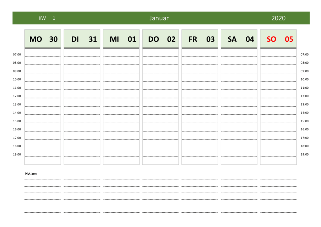 Wochenkalender 2020 Excel und PDF Querformat (grün)