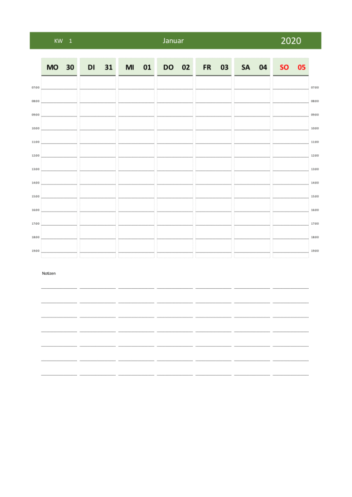 Wochenkalender 2020 Schweiz Excel