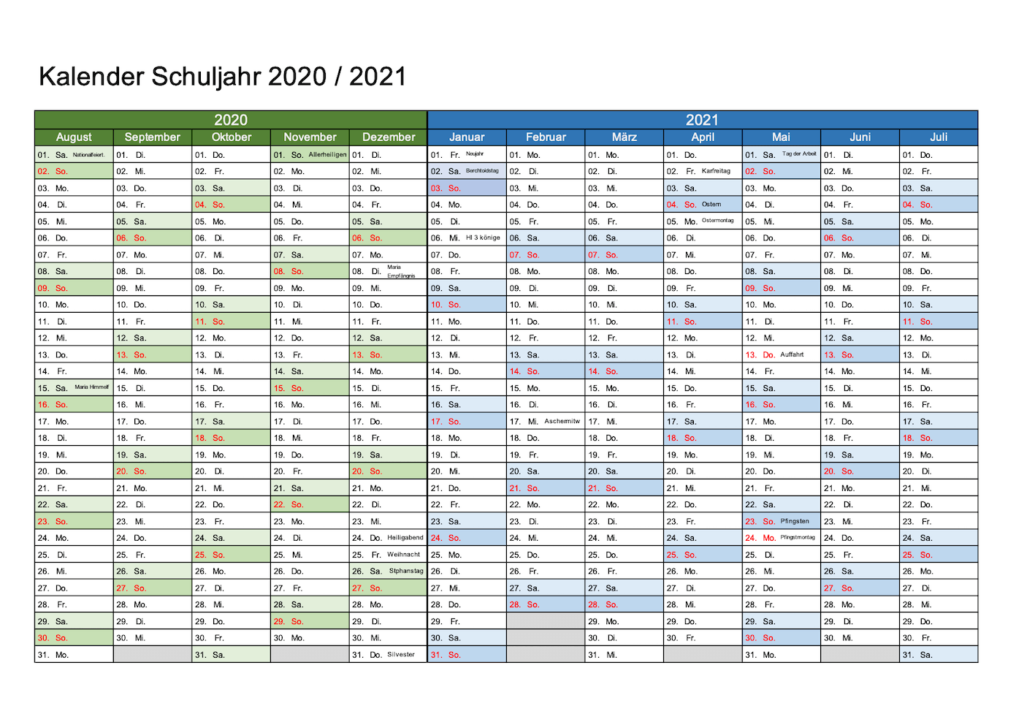 Schuljahreskalender 2020 / 2021 Querformat August 2020 - Juli 2021