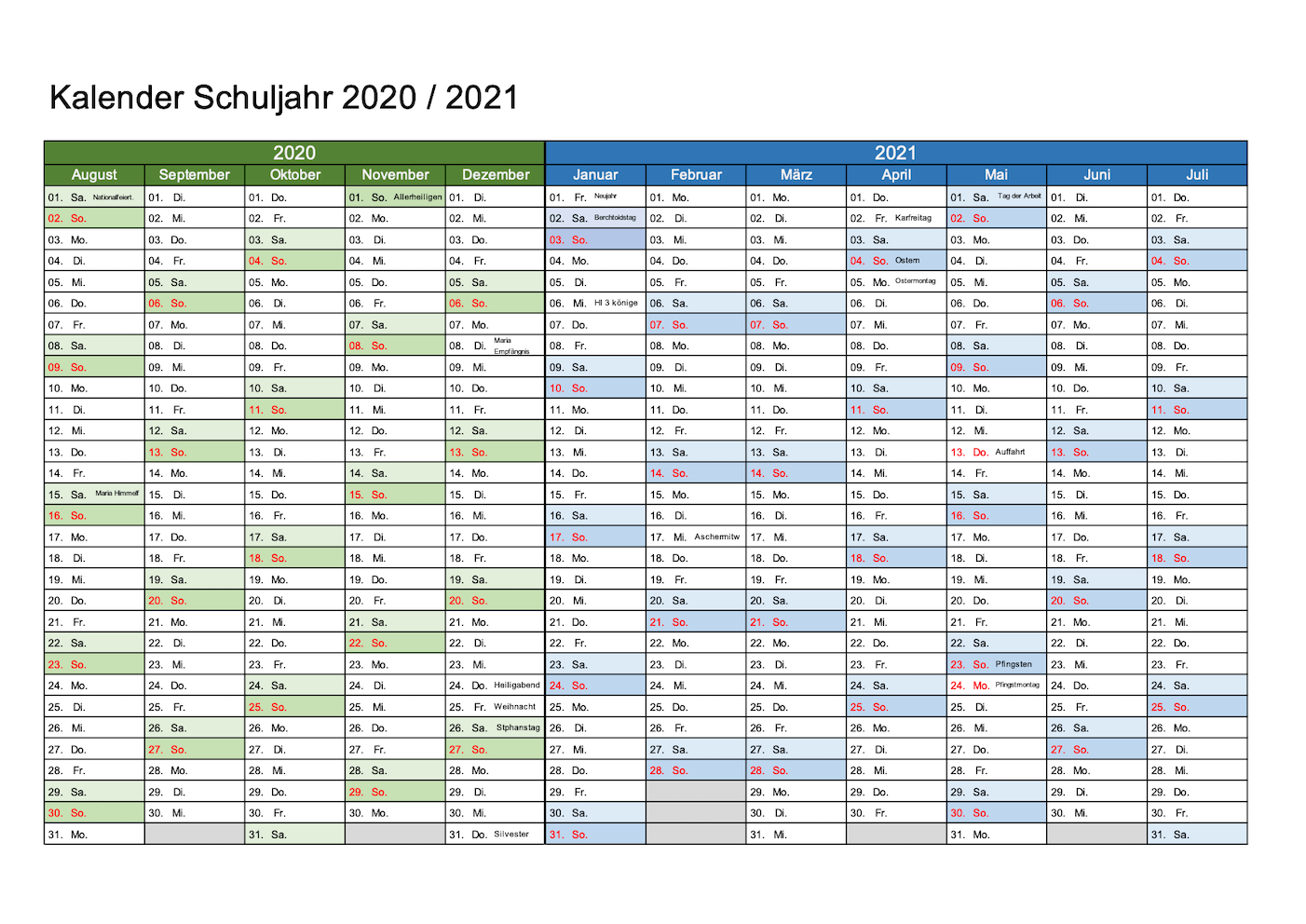 Schulkalender 2020 2021 Excel Pdf Schweiz Kalender Ch